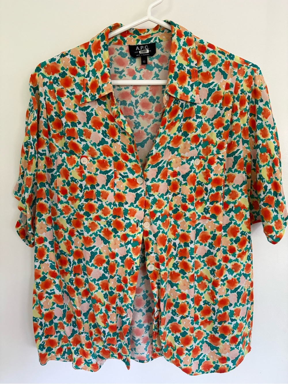 A.P.C. Floral Button-Up Top in Orange, Teal, Cream